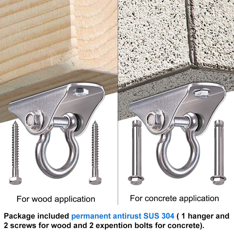 [Australia - AusPower] - BeneLabel Permanent Antirust Stainless Steel Heavy Duty Swing Hanger, 1000 LB Capacity, 2 Screws for Wooden and 2 Expansion Bolts for Concrete, Yoga Hammock Chair Sandbag Swing Sets, 180° Swing 