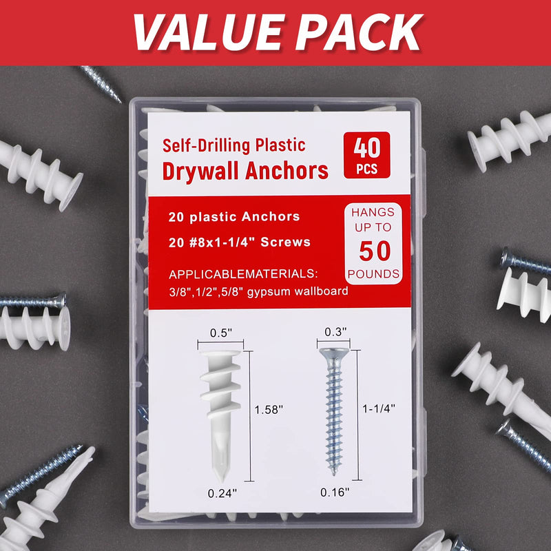 [Australia - AusPower] - #8 Drywall Anchors, 40Pcs Wall Anchors and Screws for Drywall, Plastic Self Drilling Drywall Anchors, 20 Self-Tapping/Threaded Sheetrock Anchors + 20#8 x 1-1/4'' Screws, 50LB Hanging and Mounting 