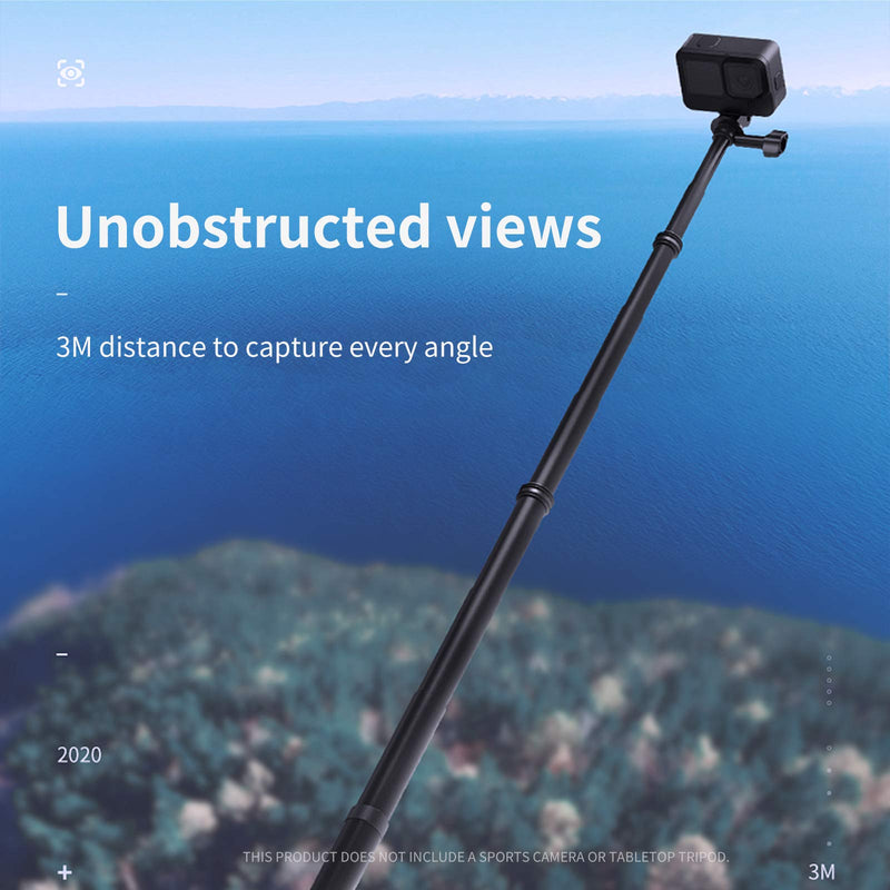 [Australia - AusPower] - TELESIN 118"/3 Meters Ultra Long Selfie Stick for GoPro Max Hero 10 9 8 7 6 5 4 3+, Insta 360 One R One X, DJI Osmo Action, Extendable at 6 Lengths Carbon Fiber Lightweight Pole Monopod 