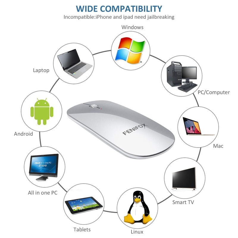[Australia - AusPower] - Bluetooth Mouse, FENIFOX Slim Mini Portable Flat Travel Wireless Mouse Rechargeable Quiet Ultra-Thin Mice Compatible with Laptop,Tablet,Notebook,PC (Silver and White) Silver 