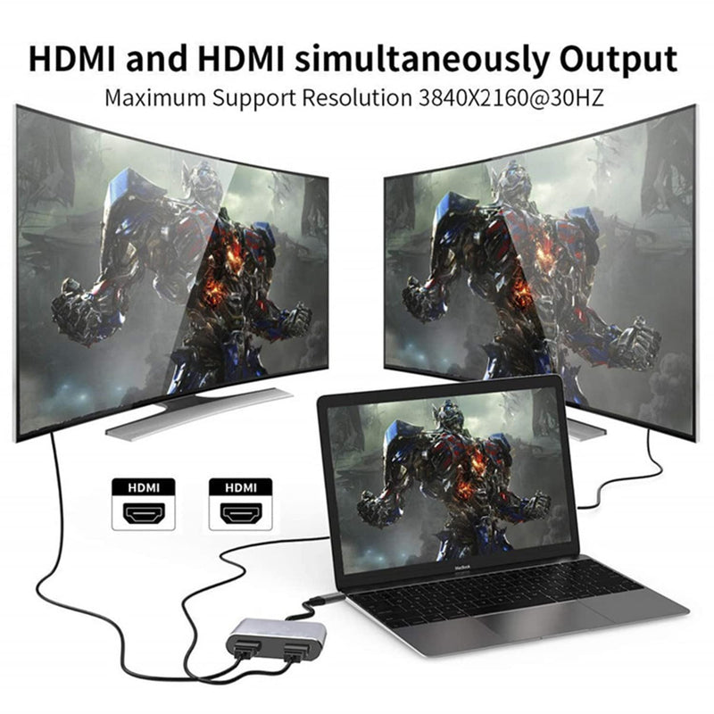 [Australia - AusPower] - USB C to Dual HDMI Adapter, 4 in 1 USB Type C Hub with 2 HDMI/USB3.0 /PD Charging, Dual Screen Display USB-C Docking Station for Windows, MacOS 