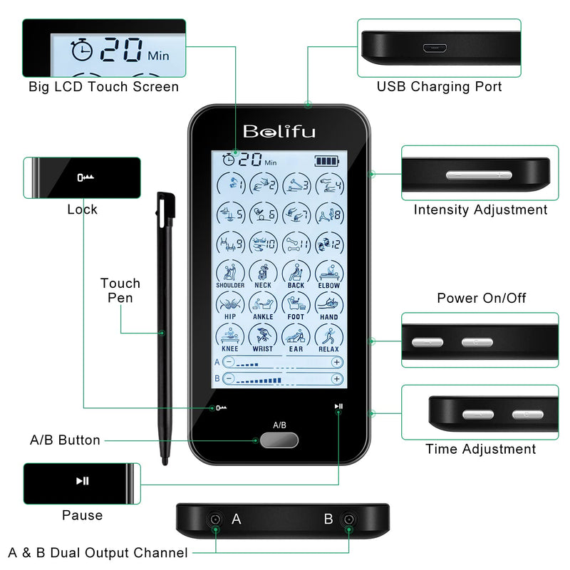 [Australia - AusPower] - Belifu Dual Channel Tens Unit Electro Muscle Stimulator, Fully Isolated with Independent 24 Modes, Rechargeable Pulse Massager with Electrodes Pads for Neck Back Arms Chronic Pain Relief Body Building 