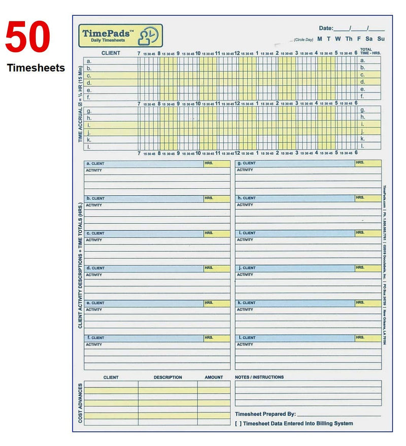 [Australia - AusPower] - Timesheets for Attorneys, Paralegals & Law Firms - [50/Pack] - Easy"Check-The-Box" Timekeeping System Logs 100% of Your Billable Time. Increases Billings & Revenue. 8.5x11”. Time Sheets by TimePads. 