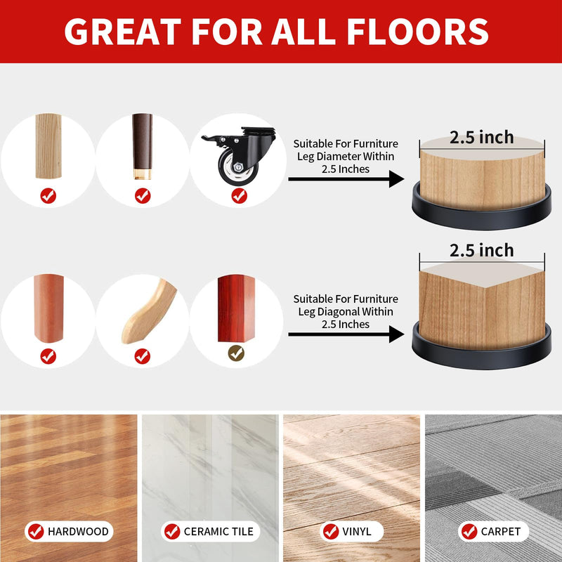 [Australia - AusPower] - Furniture Coasters - 2.5â€ Non Slip Furniture Pads for Hardwoods Floors, 8 PCS Round Rubber Non Skid Furniture Caster Cups, Anti Slide Furniture Feet Floor Protectors for Bed Couch Stoppers (Black) 2-1/2 inch 8 pack 