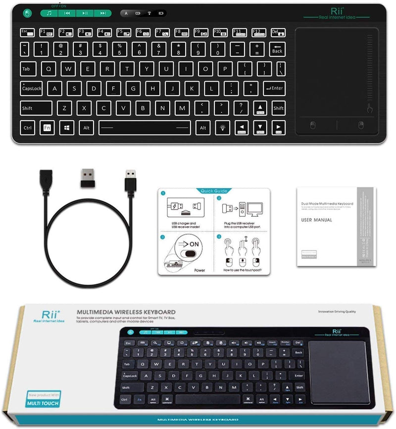 [Australia - AusPower] - Rii K18 Plus Wireless 3-LED Color Backlit Multimedia Keyboard with Multi-Touch Big Size Trackpad,Rechargable Keyboard for Android TV Box,PC,Smart TV,Xbox,Raspberry Pi, HTPC IPTV,Windows, MacOS 2.4GHz 