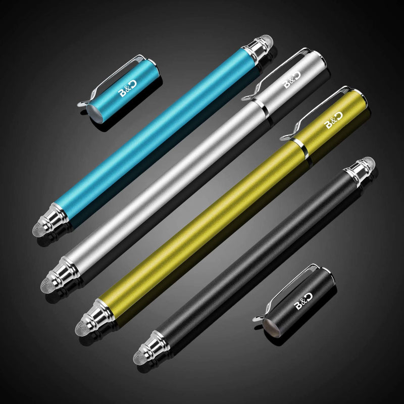 [Australia - AusPower] - Bargains Depot New 5mm High-Sensivity Fiber Tip Capacitive Stylus Dual-tip Universal Touchscreen Pen for All Tablets & Cell Phones with 8 Extra Replaceable Fiber Tips (4 Pcs, Black/Aqua/Silver/Yellow) 