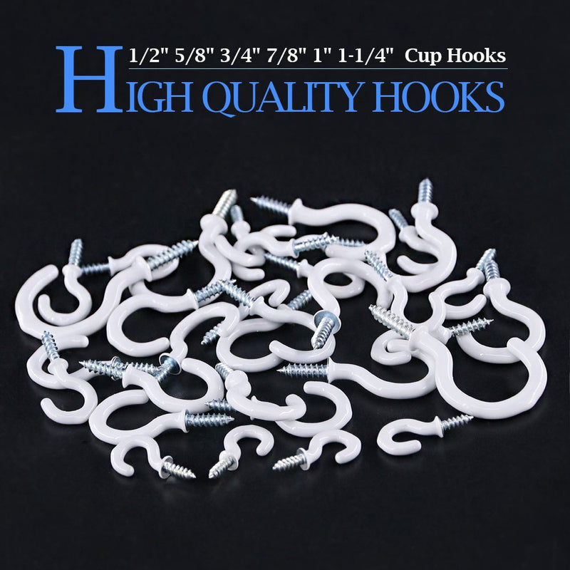[Australia - AusPower] - Glarks 100-Pieces 6 Sizes White Vinyl Coated Cup Hooks Screw-in Ceiling Hooks Screw Hooks Mug Hooks Hangers Assortment Kit for Home and Office Use 