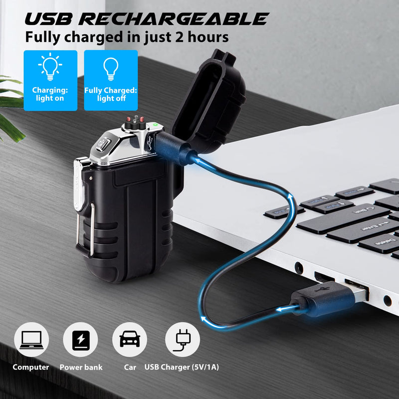[Australia - AusPower] - Lighter,USB Rechargeable Lighter,Windproof Arc Lighter Waterproof,Flameless Electric Lighter,Dual Arc Plasma Lighter with Emergency Whistle for Outdoor Adventure,Survival Tactical,Camping Gadgets Black 