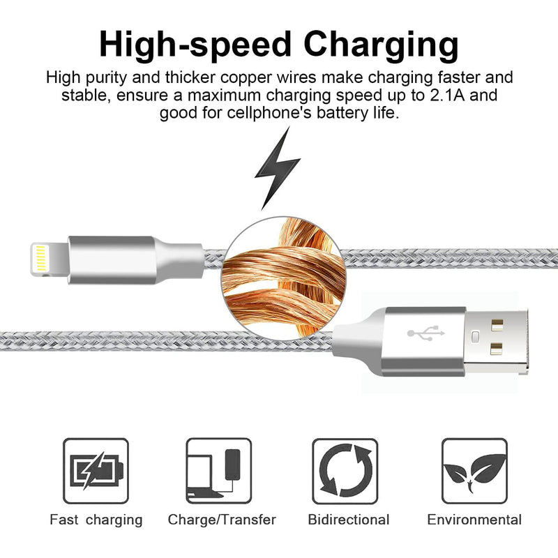 [Australia - AusPower] - CUGUNU iPhone Charger, 5 Pack 3/3/6/6/10FT Apple MFi Certified USB Lightning Cable Nylon Braided Fast Charging Cord Compatible for iPhone 13/12/11/X/Max/8/7/6/6S/5/5S/SE/Plus/iPad - Silver USB to L 