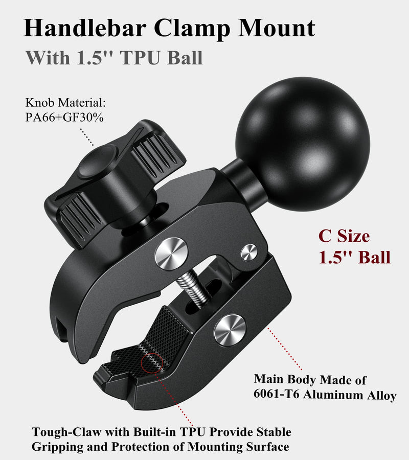 [Australia - AusPower] - BRCOVAN Aluminum Alloy Handlebar Clamp Mount Base with 1.5'' TPU Ball for Rails 0.5'' to 2'' in Diameter, Compatible with RAM Mounts C Size 1.5 Inch Ball Double Socket Arm 