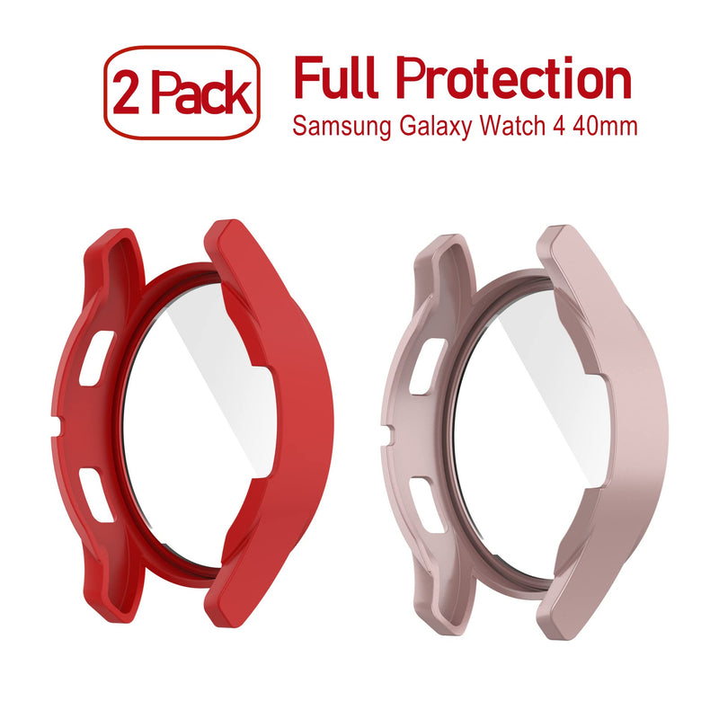 [Australia - AusPower] - 2 Pack Case for Samsung Galaxy Watch 4 40mm with Tempered Glass Screen Protector,Plastic Hard Bumper Cover Compatible Galaxy Watch 4 40mm Smartwatch Women (Red/Rose Pink) 
