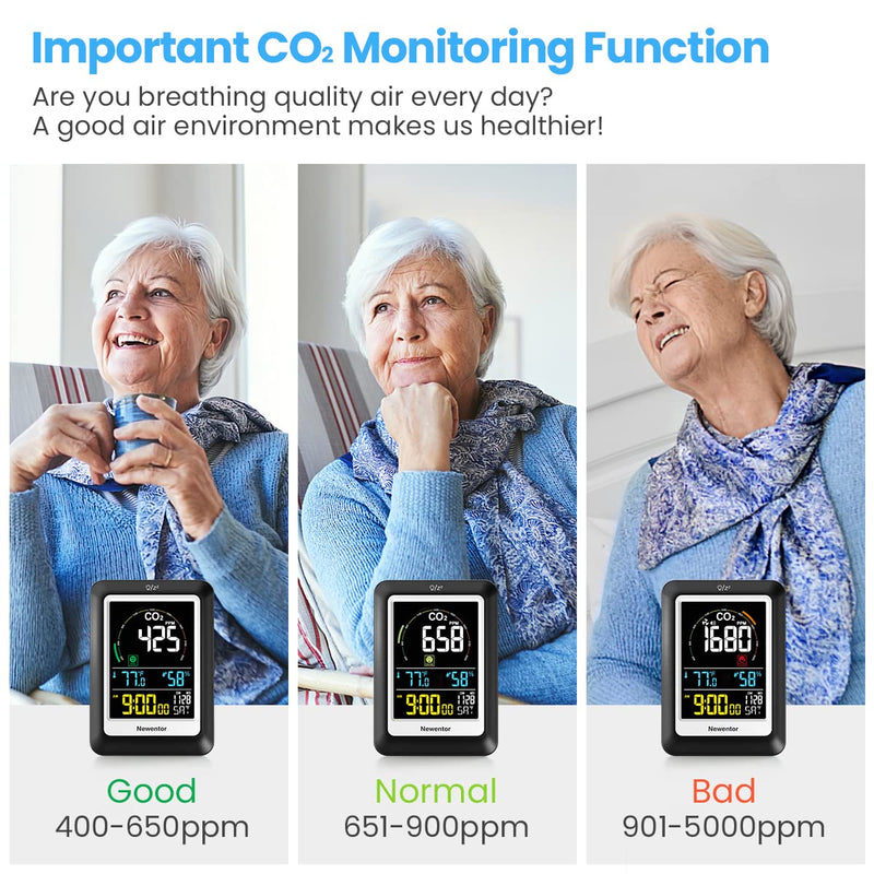[Australia - AusPower] - Newentor CO2 Monitor, Air Quality Monitor Indoor Carbon Dioxide Detector with Voice Alert Large Display, Temperature Humidity Meters, Alarm Clocks for Home, RV, Gyms, Offices, Classrooms , 400-5000ppm 