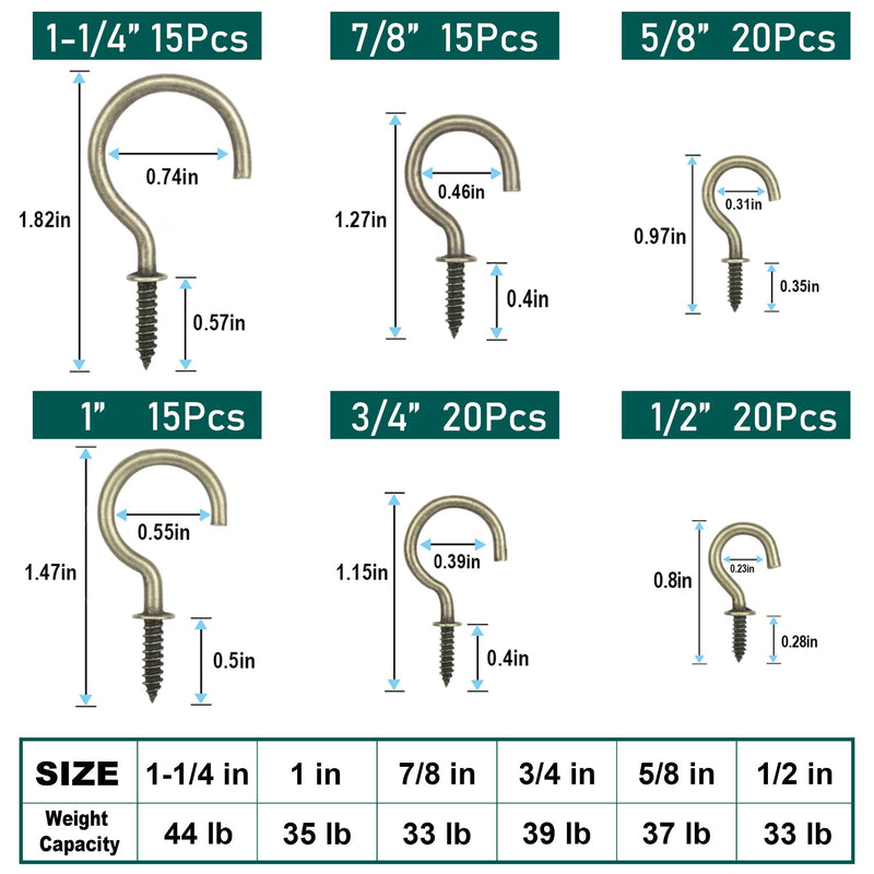 [Australia - AusPower] - EIENHOSHI Cup Hooks, Bronze, Screw-in Hooks Kit for Hanging(1/2", 5/8", 3/4", 7/8", 1'', 1-1/4") - 105 Pcs 