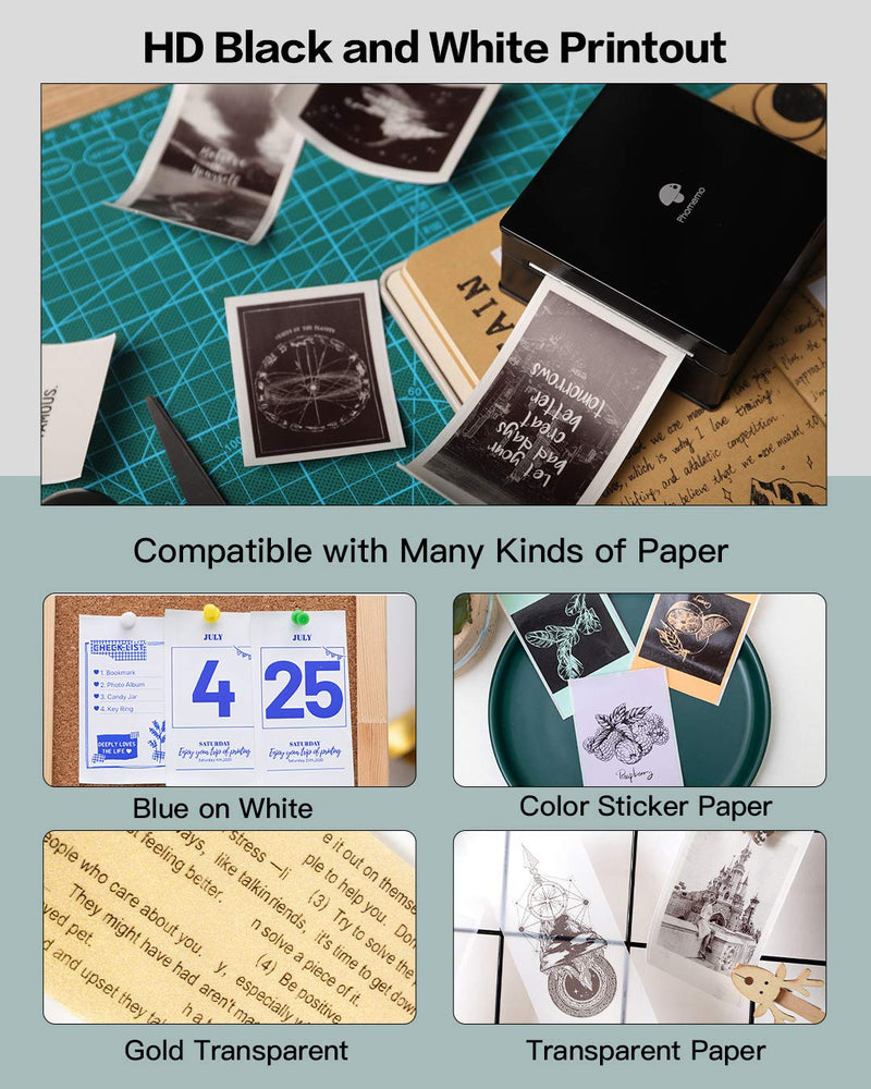 [Australia - AusPower] - Phomemo M02 Mini Pocket Printer- Portable Bluetooth Thermal Printer Pocket Printer Compatible with iOS + Android for Organizing Office Documents，Work List Printing, Black and White Picture, Black 
