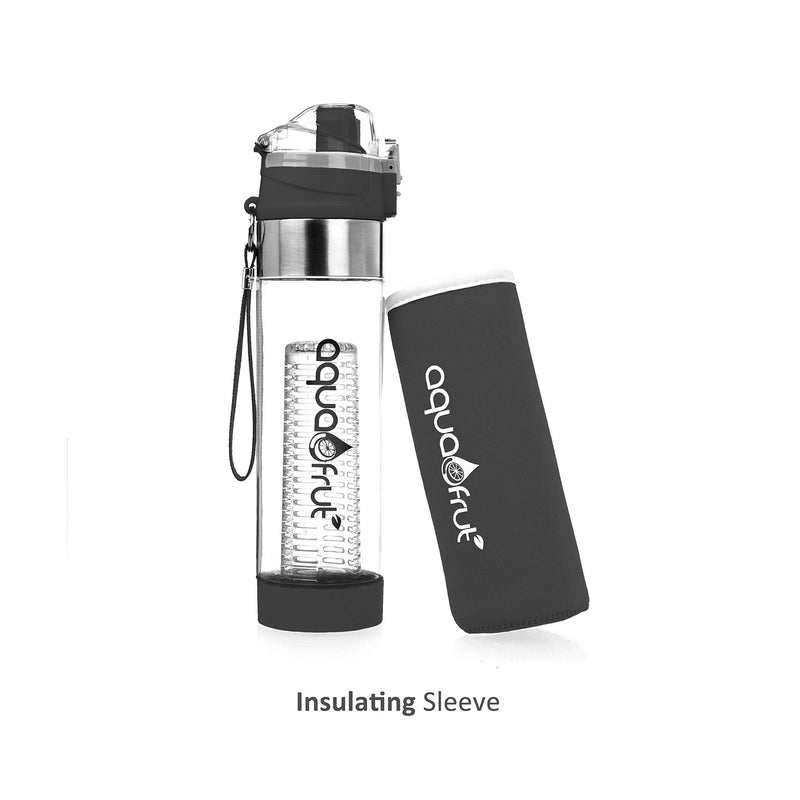 [Australia - AusPower] - New Improved Unique Bottom Loading Fruit Infuser Water Bottle Complete Bundle Includes Bottle Brush, Insulating Sleeve & Infusion Recipe eBook. Leak Proof Sweat Proof BPA-Free (Black) 