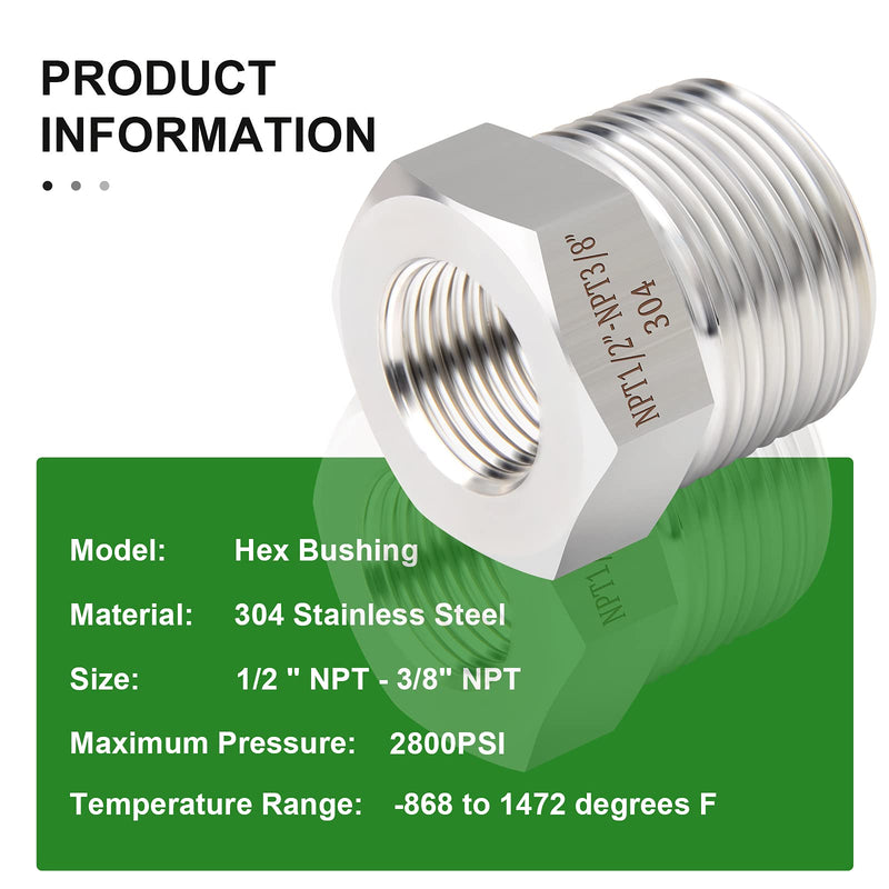 [Australia - AusPower] - TAISHER 2PCS Forging of 304 Stainless Steel Reducer Hex Bushing, 1/2" Male NPT to 3/8" Female NPT, Reducing Forging Pipe Adapter Fitting 1/2” MNPT x 3/8“ FNPT 2 