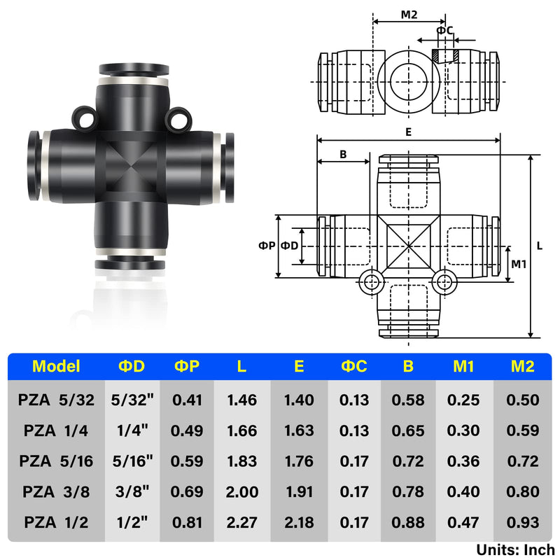 [Australia - AusPower] - TAILONZ PNEUMATIC 4 Way 3/8 Inch OD Straight Push Fittings Plastic Quick Release Connectors Air Line Fittings PZA-3/8 (Pack of 5) 3/8''OD 