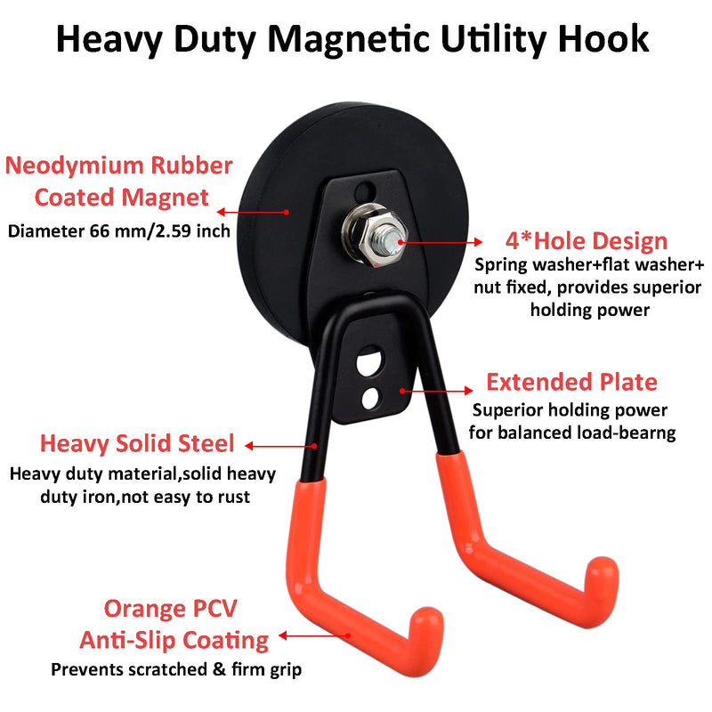 [Australia - AusPower] - ULIBERMAGNET Heavy Duty Large Garage Magnet Hooks, 2 Pack Strong Storage Utility Magnetic Hooks with Anti-Slip Coating for Indoor & Outdoor Hanging (Orange) 2.59INCH MEDIUM L Orange 
