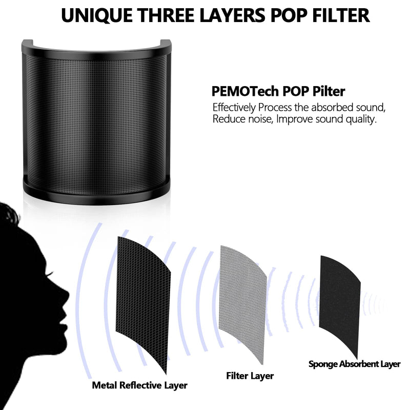 [Australia - AusPower] - Pop Filter,PEMOTech [Upgraded Three Layers] Metal Mesh & Foam & Etamine Layer Microphone Windscreen Cover Handheld Mic Shield Mask,Microphone Accessories for Vocal Recording,Youtube videos,Streaming 