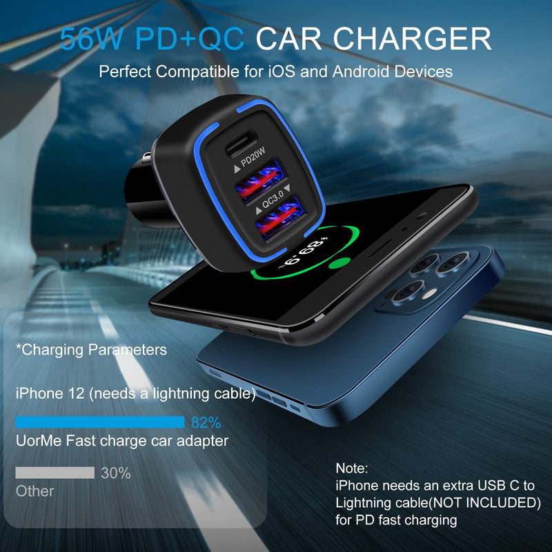 [Australia - AusPower] - USB C Car Charger, UorMe 56W PD Fast Type C Car Charging Plug for iPhone 12 11 Pro/SE, Multi Port Quick Charge QC USB-C Car Adapter for Samsung Galaxy S21 S20 A51 A71 Note 20, LG, Moto, HTC, Google 