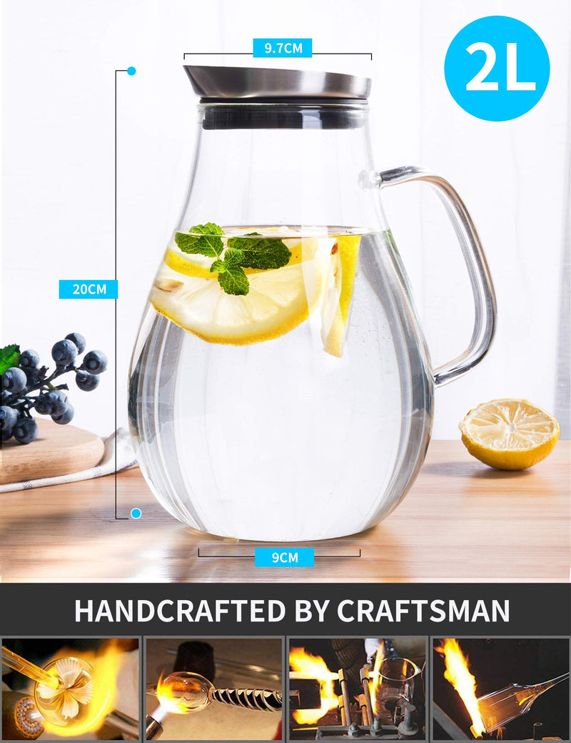 [Australia - AusPower] - SUSTEAS 2 Liter Glass Pitcher, Water Pitcher with Removable Lid And Wide Handle, Easy Clean Juice Jug for Fridge, Beverage Carafe for Cold/Hot Water, Iced Tea 2000ml 