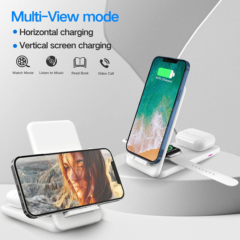 [Australia - AusPower] - Foldable Wireless Charger, FYEZON 18W 3 in 1 Fast Wireless Charging Station for iPhone 13/12/11 Series/XR/X/Xs/8 Plus, Charging Dock/Stand for iWatch SE/AirPods 2/Pro(White) white 