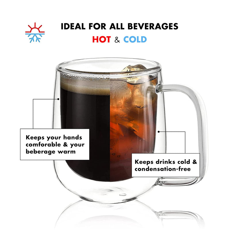 [Australia - AusPower] - Double Wall Insulated Glasses Espresso Cups with Handle [2-Pack,12 Oz] Clear Glass Coffee Mug Set for Cappuccino Tea Latte Beverage, Glasses Heat Resistant Dishwasher Microwave Safe 12oz 