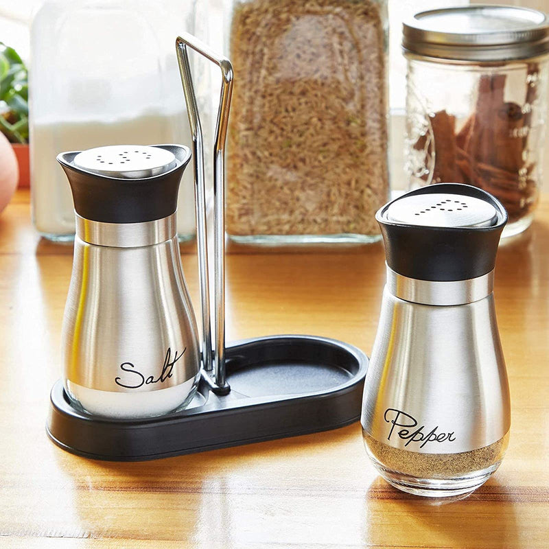 [Australia - AusPower] - Salt and Pepper Shakers Set with Holder, Stainless Steel and Glass Dispenser (4oz) 