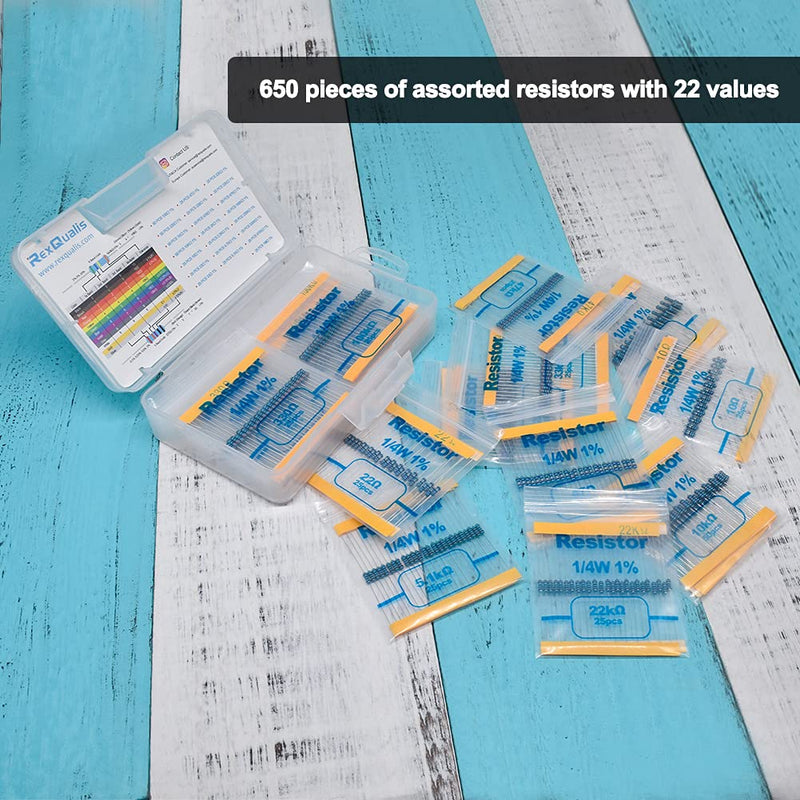[Australia - AusPower] - REXQualis Resistor Kit, 650 Pieces 22 Values 1/4W 1% Resistor Assortment Kit, 10 Ohm - 1M Ohm (Pack of 650) Resistor kit (650pcs) 