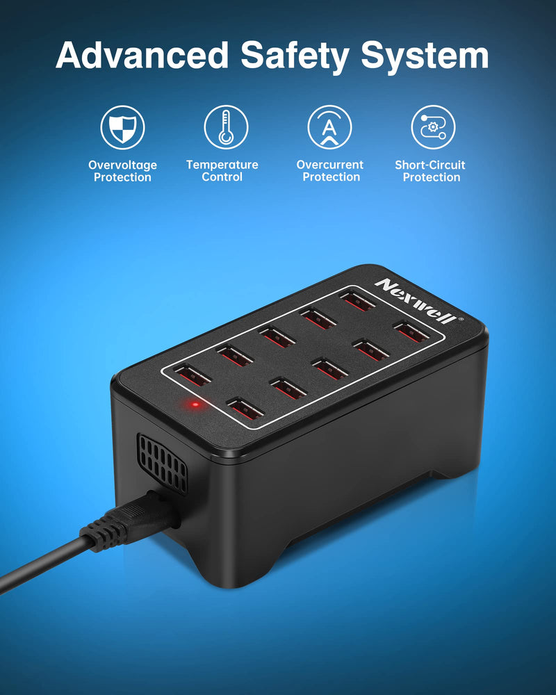 [Australia - AusPower] - USB Charger, Nexwell 50W 10-Port USB Charging Station Multi Port USB Hub Charger Compact Size Compatible with iPhone iPad Samsung Galaxy Smart Phone Kindle Tablet Bluetooth Earbuds and More Black 