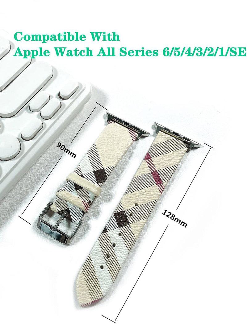[Australia - AusPower] - KAIJIA Leather Band Compatible with Apples Watch Series 7 6 5 4 3 2 1 SE for iWatch 45mm 44mm 42mm 41mm 40mm 38mm,Luxury Collegiate Classic Plaid Lady Men Smartwatch Strap Beige+silver 38/40/41mm 