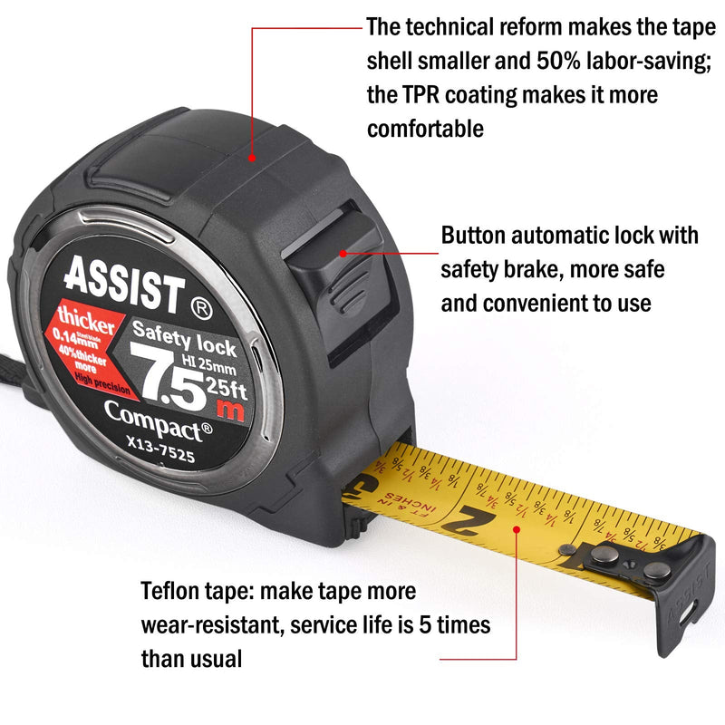 [Australia - AusPower] - ASSIST 25FT Measuring Tape by ASSIST 2.6m Level Standout, Both Side Printing Metal Blade,40% Thicker Blade,Heavy Duty,8 Times Longer Lifetime Than Normal one,Industray Grade 