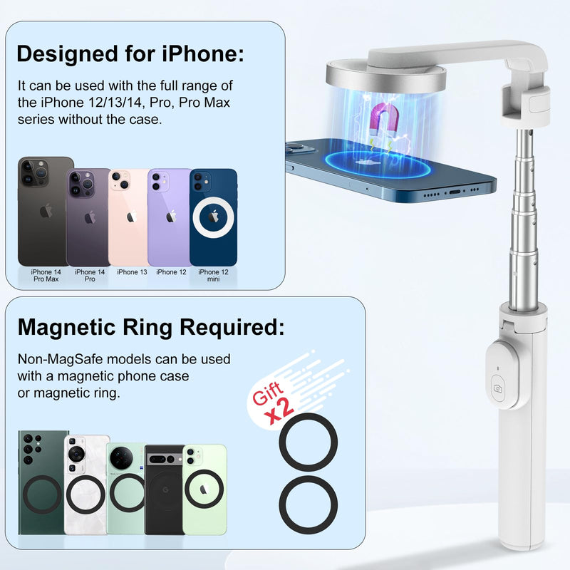 [Australia - AusPower] - FANTCOO Magnetic Selfie Stick, 44inch Extendable Cell Phone Tripod Stand with Remote for Vlogging, Portable Phone Tripod for iPhone 14 13 12 11 Series & All Smartphones (White) White 