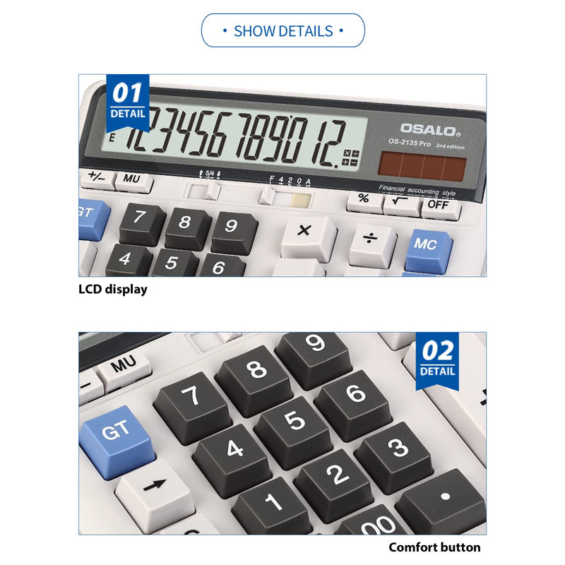 [Australia - AusPower] - Desktop Calculator Extra Large LCD Display 12-Digit Big Number Accounting Calculator with Giant Response Button, Battery & Solar Powered, Perfect for Office Business Home Daily Use(OS-2135) OS-2135 Pro 