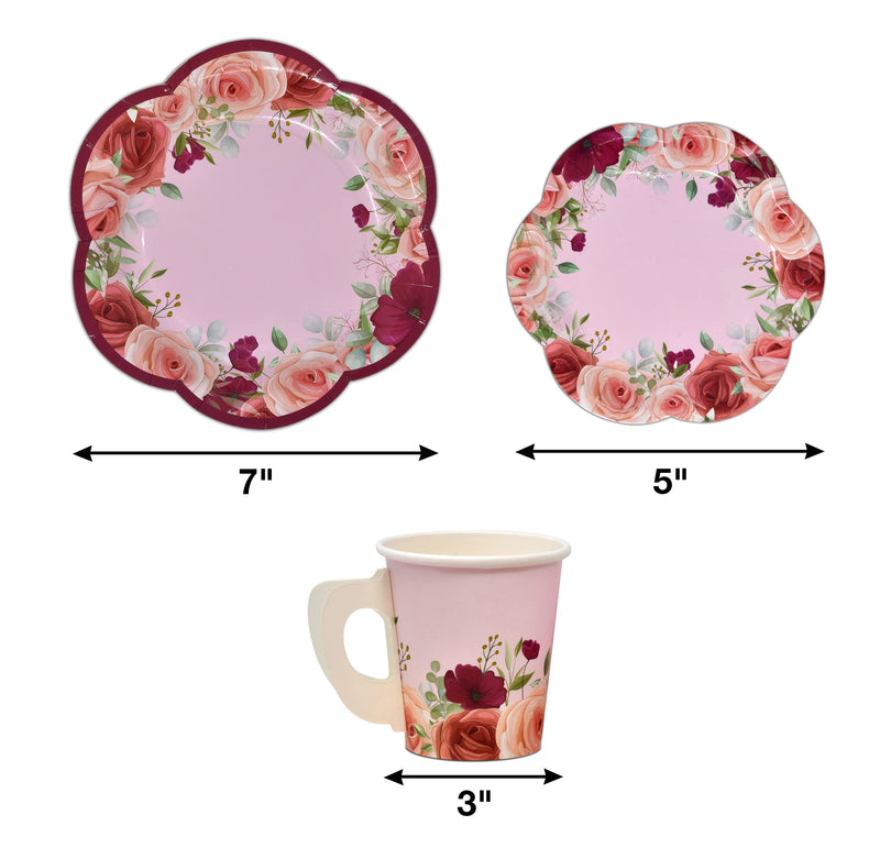 [Australia - AusPower] - 24 Disposable Tea Cups and Saucers Sets Floral Design 7" Flower Scallop Shaped Plates 24 5" Saucer Paper Plate 24 5 oz. Tea Cup with Handle 48 Lunch Napkins for Spring Wedding Birthday Party Supplies 