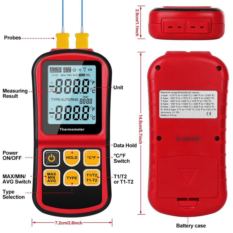 [Australia - AusPower] - Digital Thermometer Dual Channel Thermometer Temperature Thermometer with Two K-Type Thermocouple Probe Backlight LCD K Type Thermometer for K/ J/ T/ E/ R/ S/ N Thermocouple 
