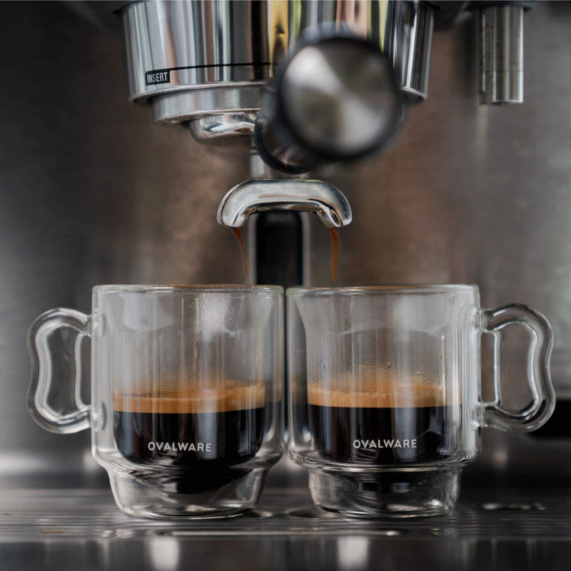 [Australia - AusPower] - OVALWARE RJ3 Espresso Coffee Glass Cups 4oz/120ml (Set of 2) Double Walled Glass Cup w/ Solid Butterfly Handle- Elegant Borosilicate Espresso Shot Mug - Stackable Insulated Transparent Demitasse Glass 2 Count (Pack of 1) 