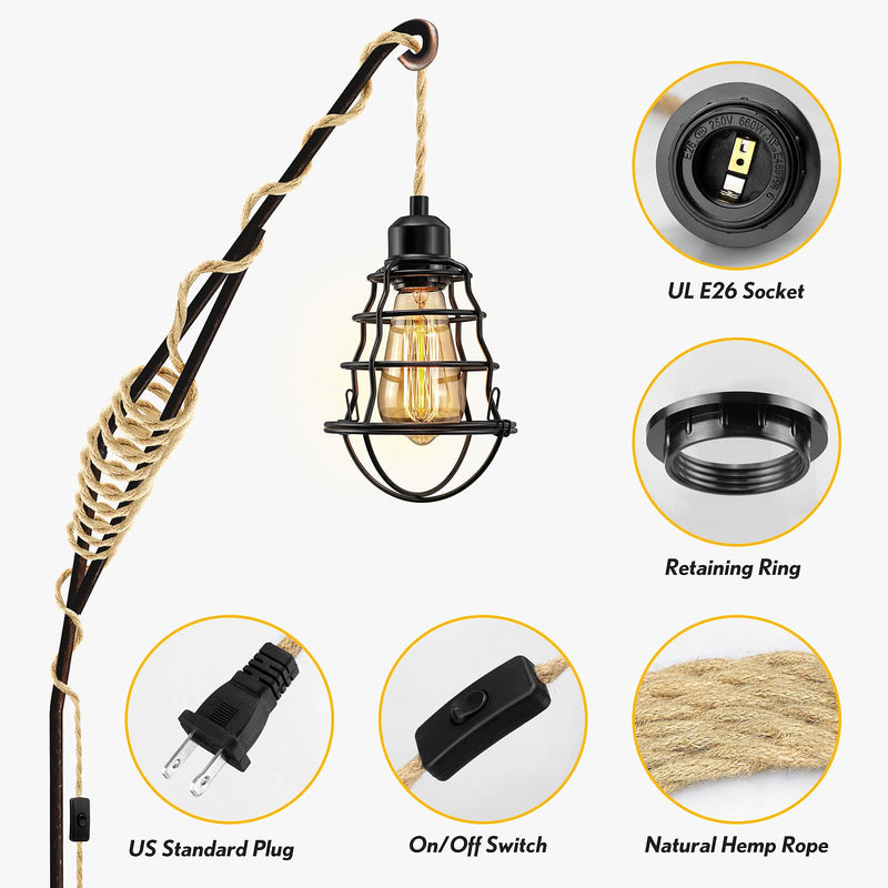 [Australia - AusPower] - LYOOWNG Plug in Pendant Light Cord, Farmhouse Pendant Lighting Kit, 15FT Hemp Rope Plug in Hanging Light Cord Kit with On/Off Switch, E26 E27 Light Socket Cord for Hanging Light 