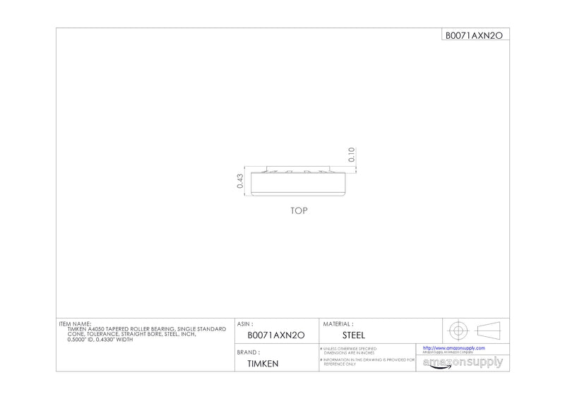 [Australia - AusPower] - Timken A4050 Tapered Roller Bearing, Single Cone, Standard Tolerance, Straight Bore, Steel, Inch, 0.5000" ID, 0.4330" Width 