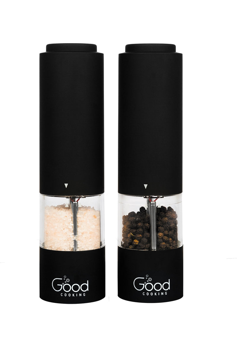 [Australia - AusPower] - Electric Pepper Grinder and Salt Mill (2 Pack)- Battery Operated One-Handed Spice Dispenser w LED Light & Adjustable Coarseness- Matte Black, Batteries Included 2 