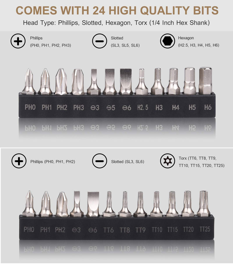 [Australia - AusPower] - GreaTalent 25in1 S2 Steel Mini Ratchet Wrench Screwdriver Bit Set with 1/4" Hex Shank Phillips/Slotted/Hexagon/Torx Bits, 36-Tooth Gear, Magnetic Bit Holder, 90 Degree Offset Reversible Drive Handle 25 in 1 