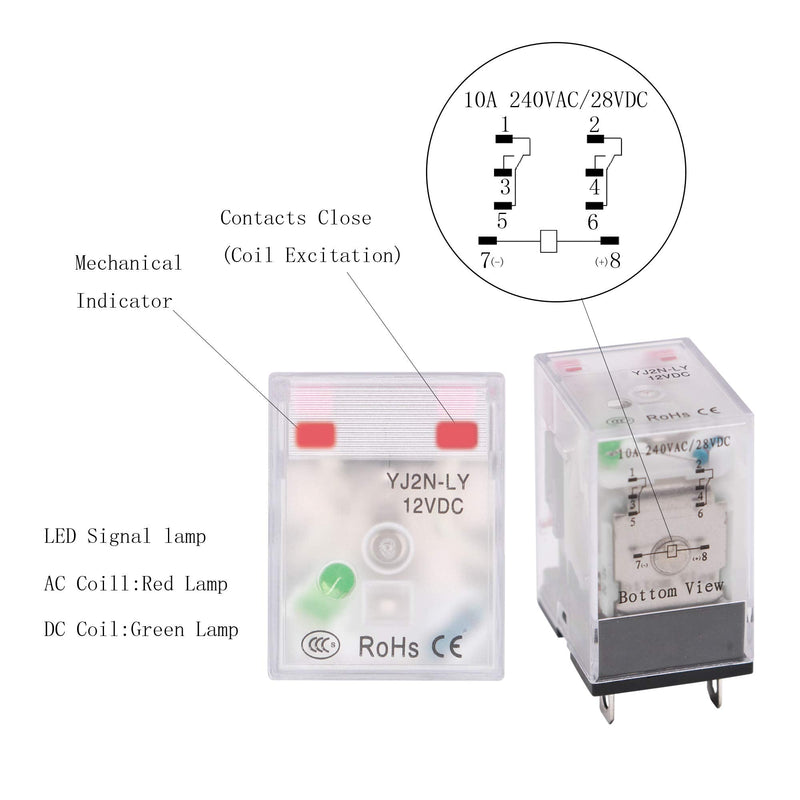 [Australia - AusPower] - Electromagnetic Power Relay, 8-Pin 10 AMP 12V DC Relay Coil with Socket Base, LED Indicator, DPDT 2NO 2NC - MY2NJ [Applicable for DIN Rail System] 12VDC 8Pin - High Current - 10A 