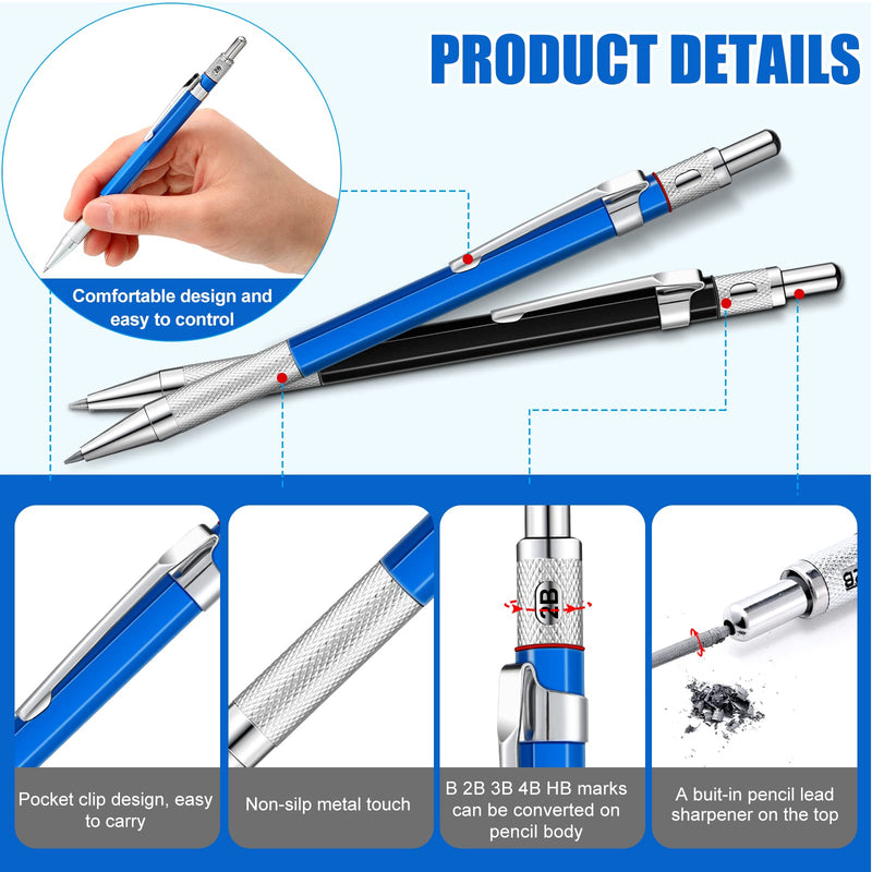 [Australia - AusPower] - 2 Pieces Silver Streak Welders Pencil with 48 PCS Round Refills Silver Metal Welding Marker with Built in Sharpener Mechanical Pencils for Pipe Fitter Welder Steel Construction Fabrication Woodworking 