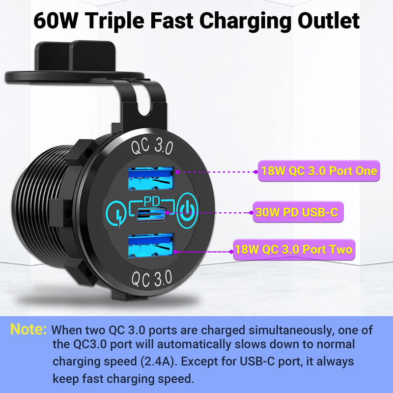 [Australia - AusPower] - 60W USB C Car Charger Socket, Ouffun Aluminum Metal 12V-24V Multiple USB Outlet 30W PD USB-C & Two QC3.0 Ports with Power Switch Fast Car Adapter for Car Boat Marine Truck Golf RV Motorcycle 