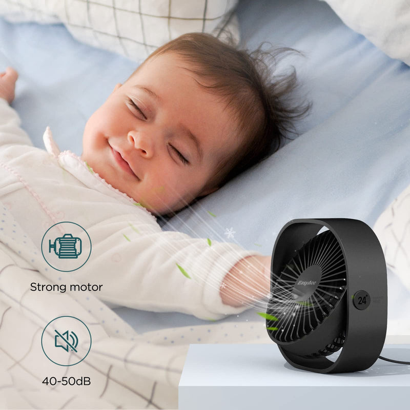 [Australia - AusPower] - EasyAcc USB Desk Fan, 3 Speeds USB Fan [Lower Noise USB Powered ONLY&Powerful Desk Fan] USB Portable Powered Fan, 360°Rotatable Personal Desktop Table Fan Travel Fan for Desk Home Bedroom Office Black 