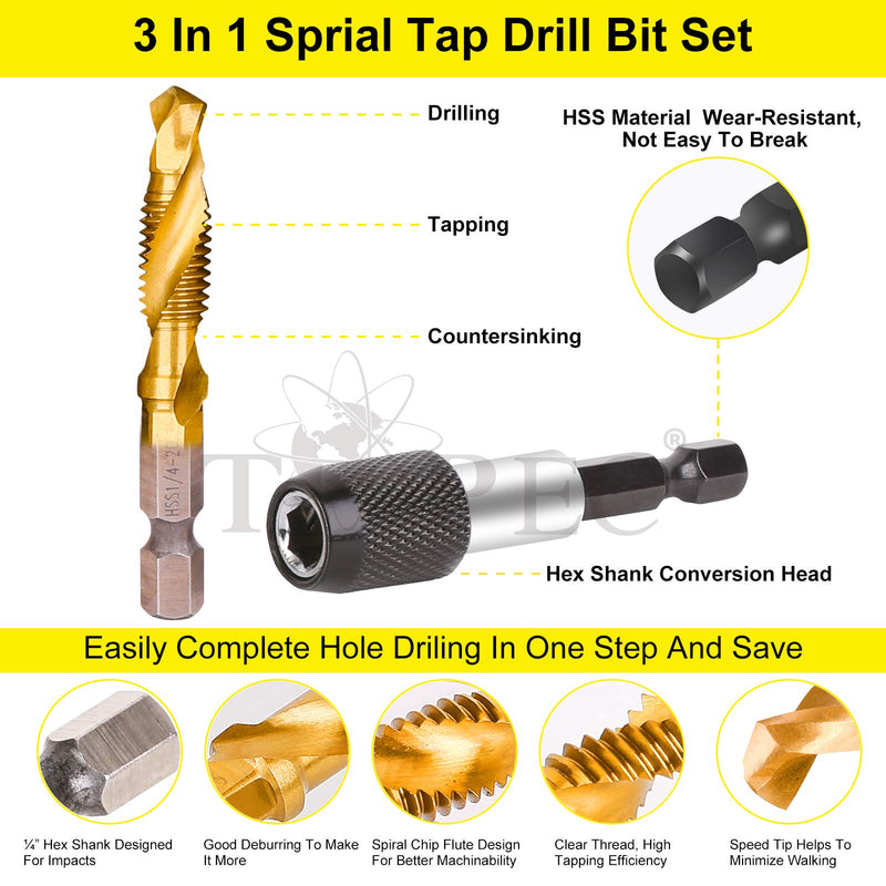 [Australia - AusPower] - TOPEC Tap Bit Set, 3-in-1 HSS Titanium Coated Drill Tap Combination for Titanium Coated Drill Tap Combination, 13 PCS SAE/Metric threading tap drill bit set with 1/4 Inch Hex Shank, and Quick-Change Adapter 