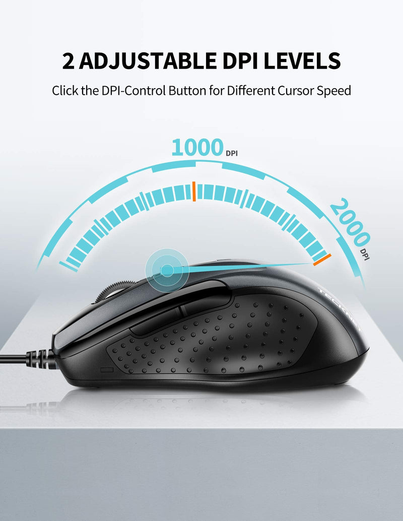 [Australia - AusPower] - TECKNET 6-Button USB Wired Mouse with Side Buttons, Optical Computer Mouse with 1000/2000DPI, Ergonomic Design, 5ft Cord, Support Laptop Chromebook PC Desktop Mac Notebook-Grey Grey 