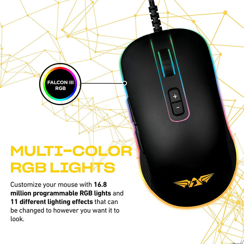[Australia - AusPower] - Falcon III Compact Wired Gaming Mouse, 10,000 CPI with The 3325 AVAGO Sensor, Lightweight Optical Pro Gaming Computer Mouse, Multi-Color RGB Mouse with 7 Programmable Buttons, Wired Mouse 