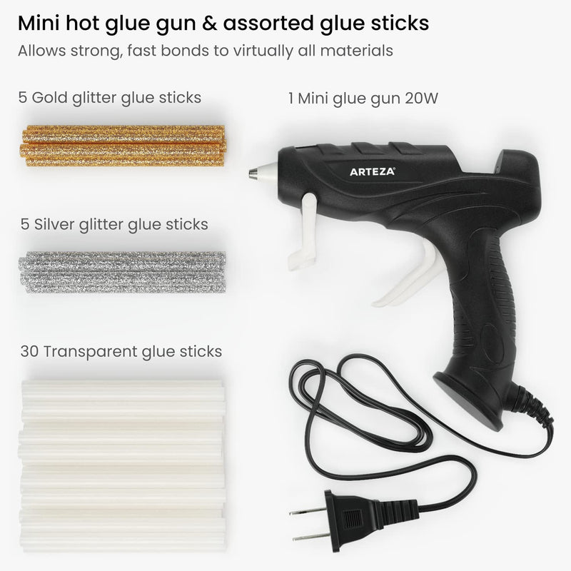 [Australia - AusPower] - Arteza Mini Glue Gun for Crafts, 20W, 30 Clear and 10 Glitter Glue Sticks, Built-in Stand, Arts & Crafts and Scrapbooking Supplies 