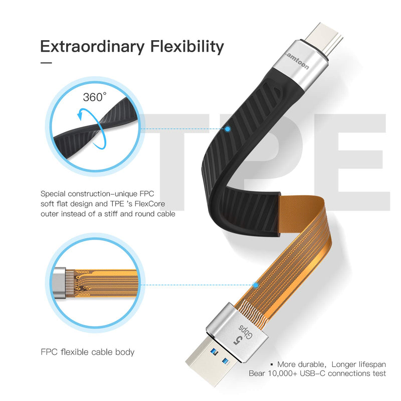 [Australia - AusPower] - Short USB Type C Cable, LamToon 5Gbps Data Sync 3A USB to USB C Fast/Quick Charge Cable 3.1 Gen 1 Type C Unique FPC Flat Design for Samsung Galaxy S10+ S9, Note 9 8, LG V20, Google Pixel, Power Bank Silver 